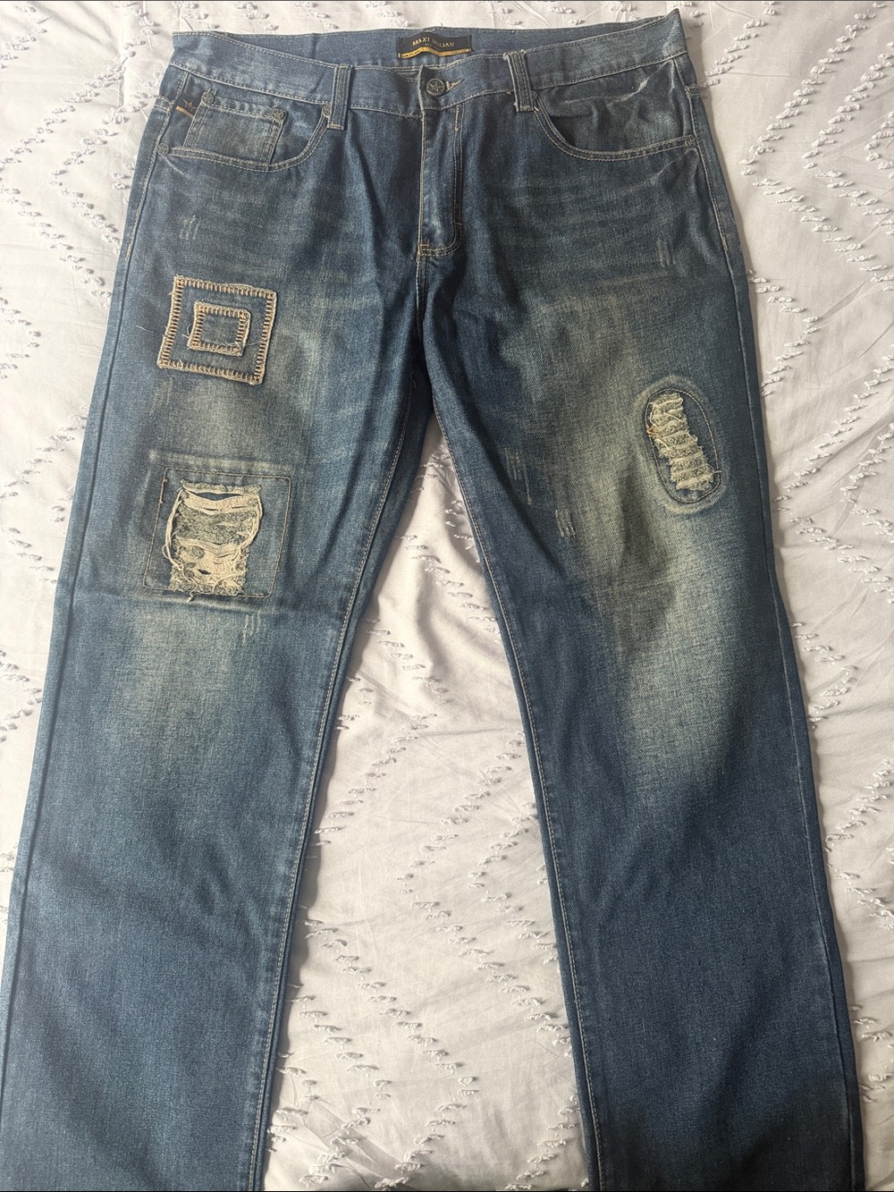 Men's Distressed Blue Patch Jeans